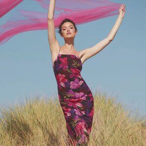 Lulus Fancy Florals Burgundy Floral Ruched Column Midi Dress